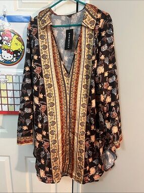 SHEIN Black Dress with Gold and Rust Floral Border